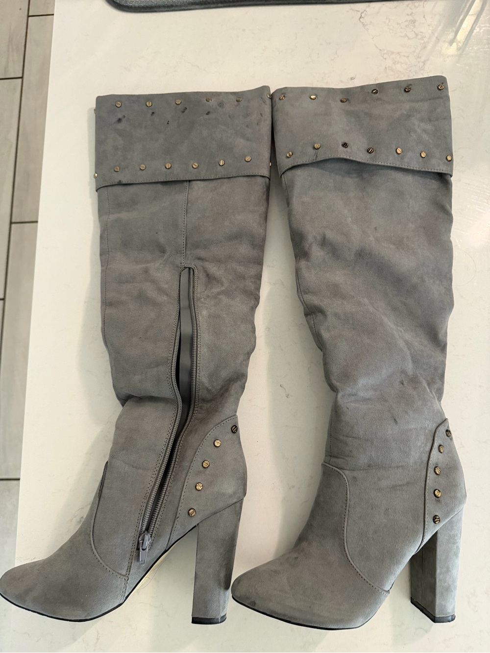 JustFab Gray Fold-Over Over-the-Knee Studded High-Heel Boots